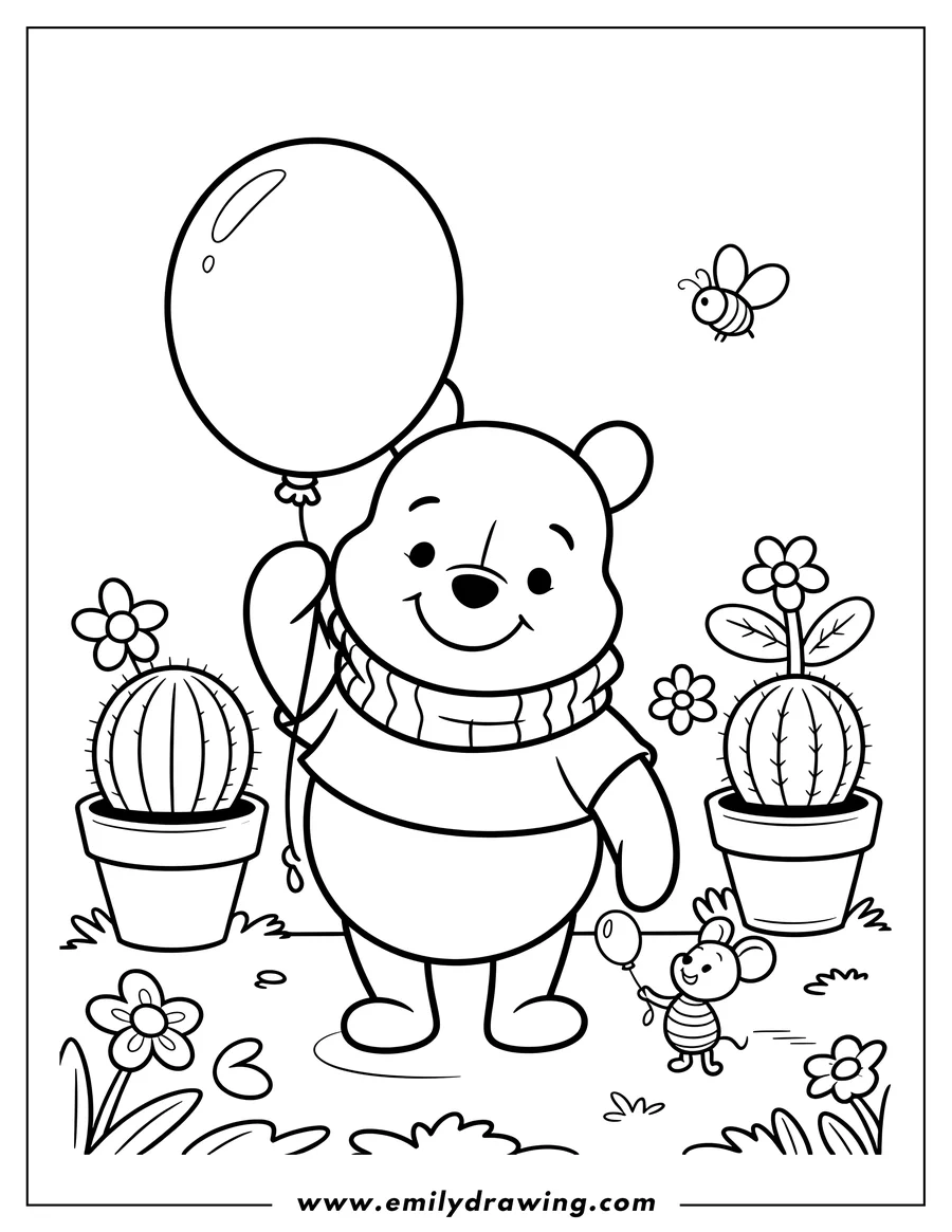 Line art of Winnie the Pooh holding a large balloon, with a small mouse holding a smaller balloon beside him. Two potted cacti and small flowers are in the background, and a bee flies overhead.