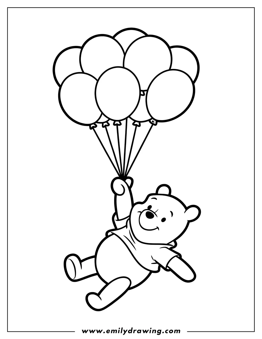 Line art of Winnie the Pooh holding a bunch of balloons and floating in the air.