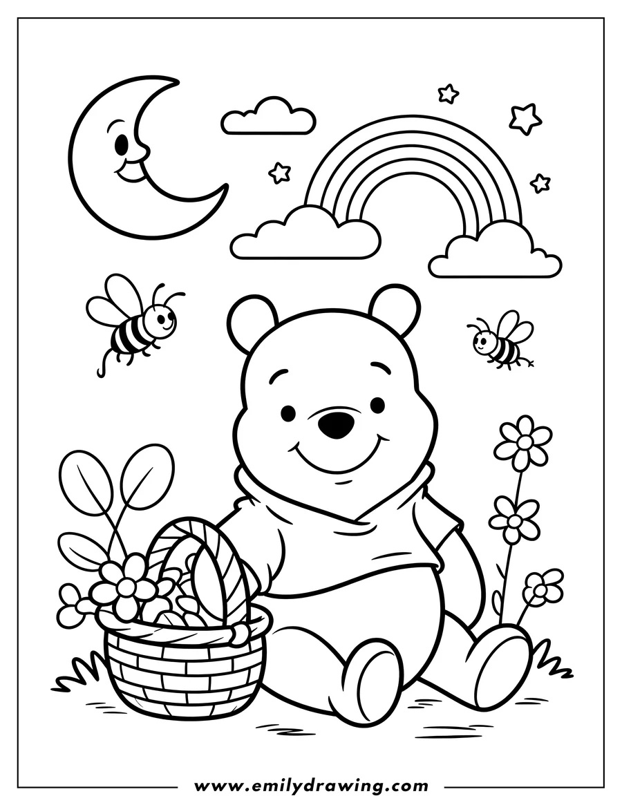 Line art of Winnie the Pooh sitting with a basket of flowers. There are bees, a rainbow, stars, a crescent moon, and clouds in the background.