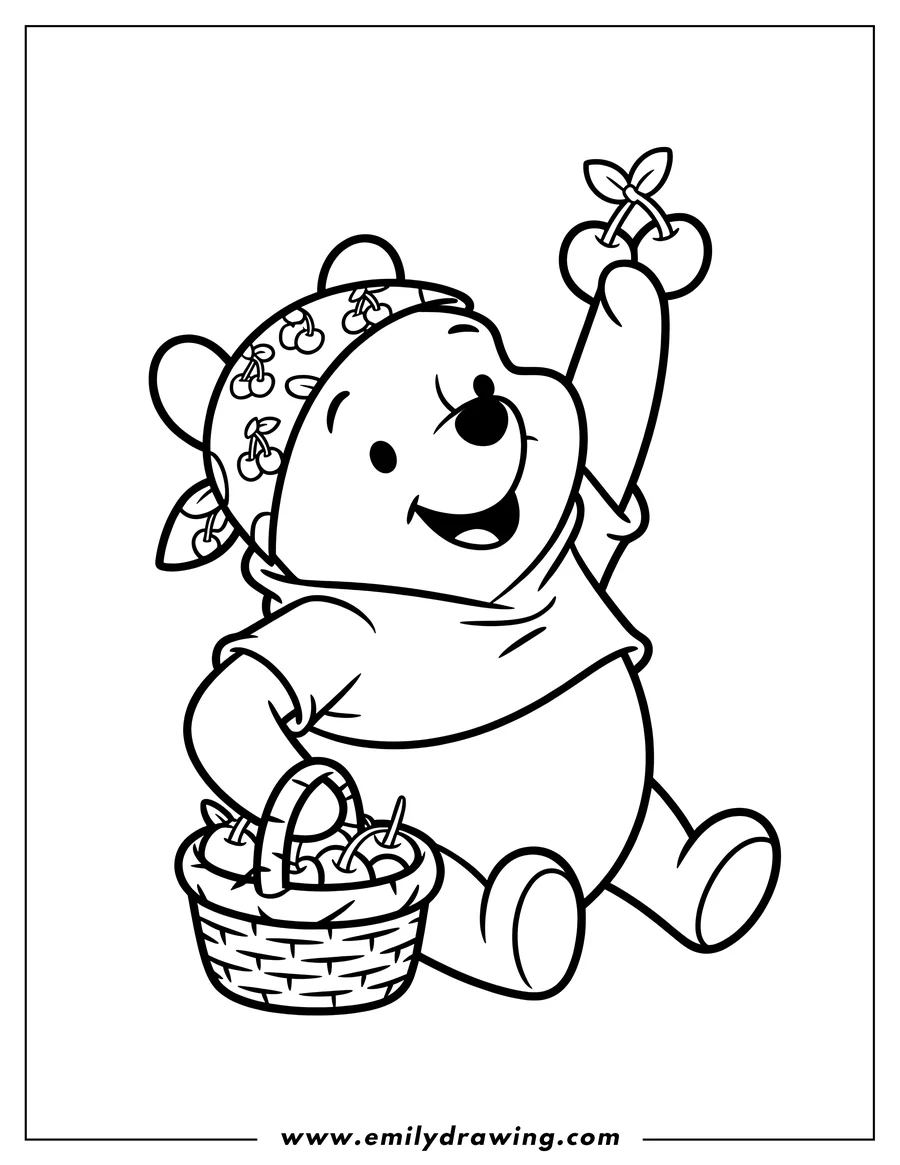 Line art of Winnie the Pooh holding cherries with a basket of cherries beside him.