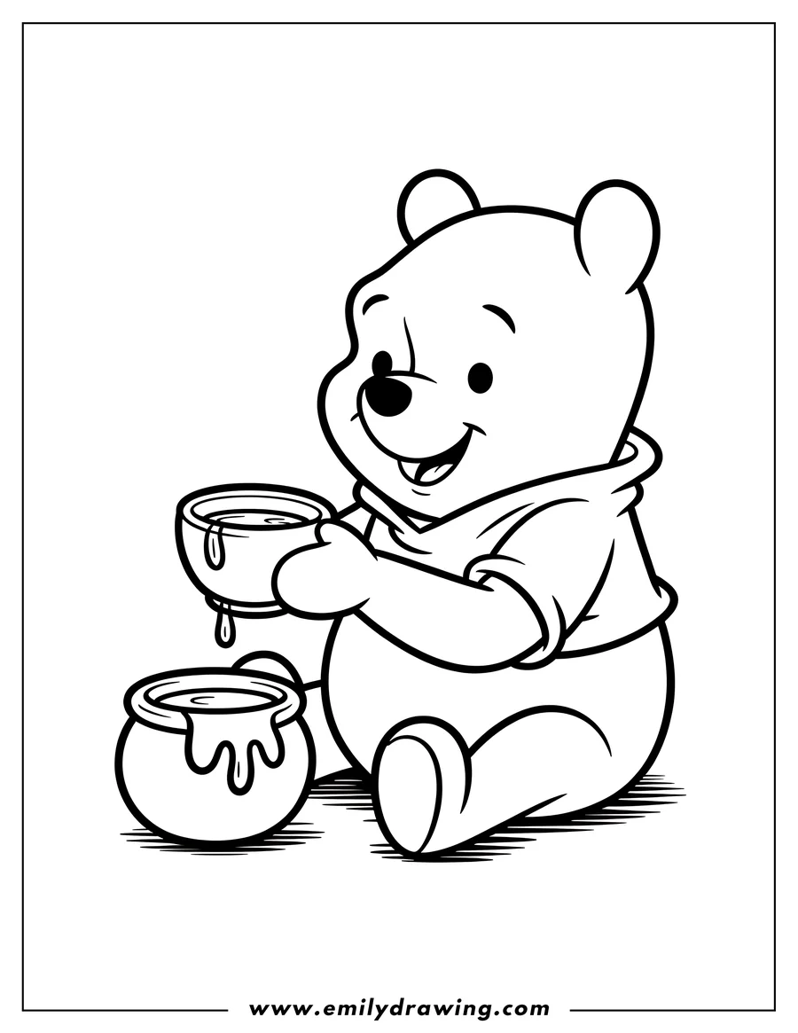 Line art of Winnie the Pooh with a honey pot and a small bowl of honey.