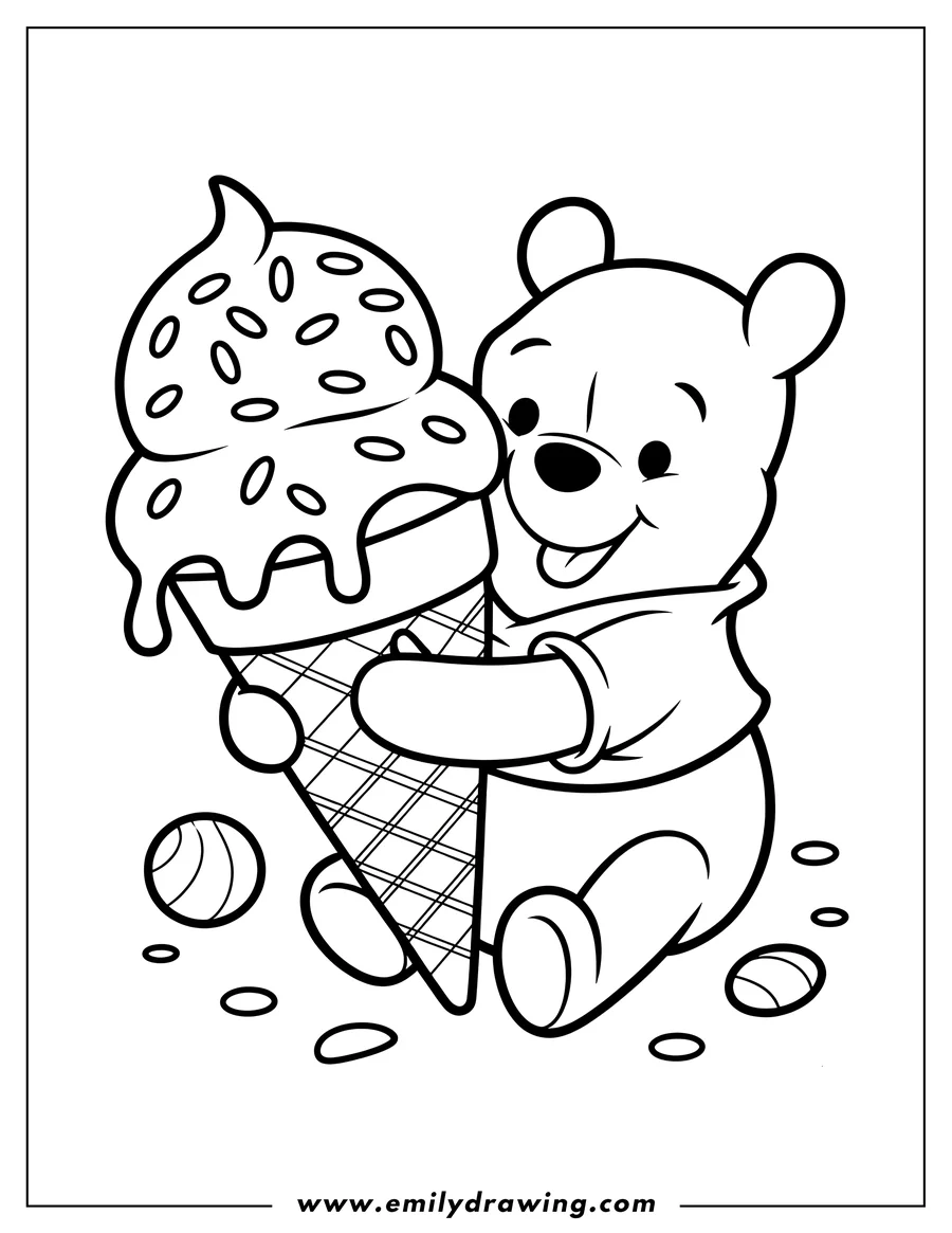 Line art of Winnie the Pooh hugging a large ice cream cone, with sprinkles and drips, and small round candies scattered around him.