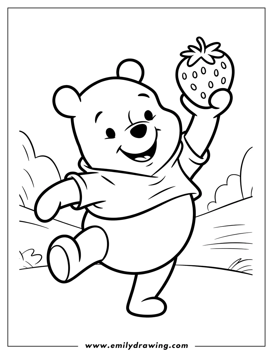 Outline of Winnie the Pooh holding a strawberry.