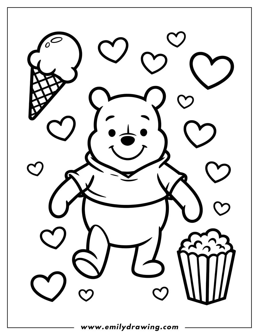 Outline of Winnie the Pooh with an ice cream cone and popcorn, surrounded by hearts.