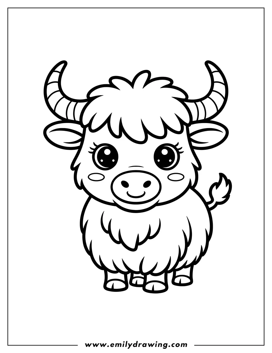 Line art of a fluffy yak with large eyes and horns.