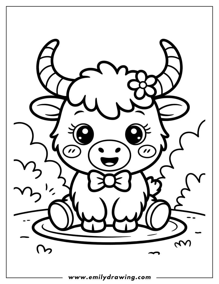 Outline of a baby yak wearing a bow tie and a flower on its head