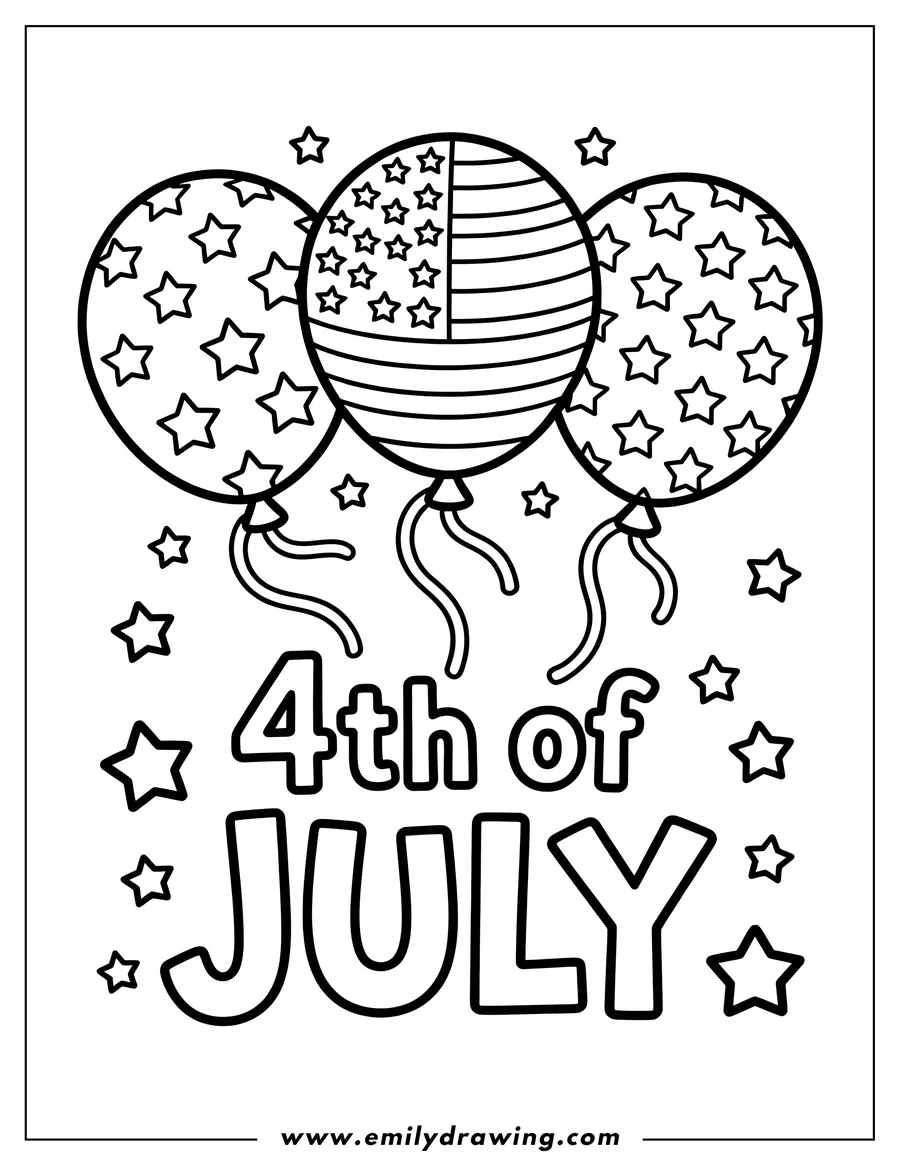Outline of three balloons, one with an American flag design and two with stars, floating above the words 