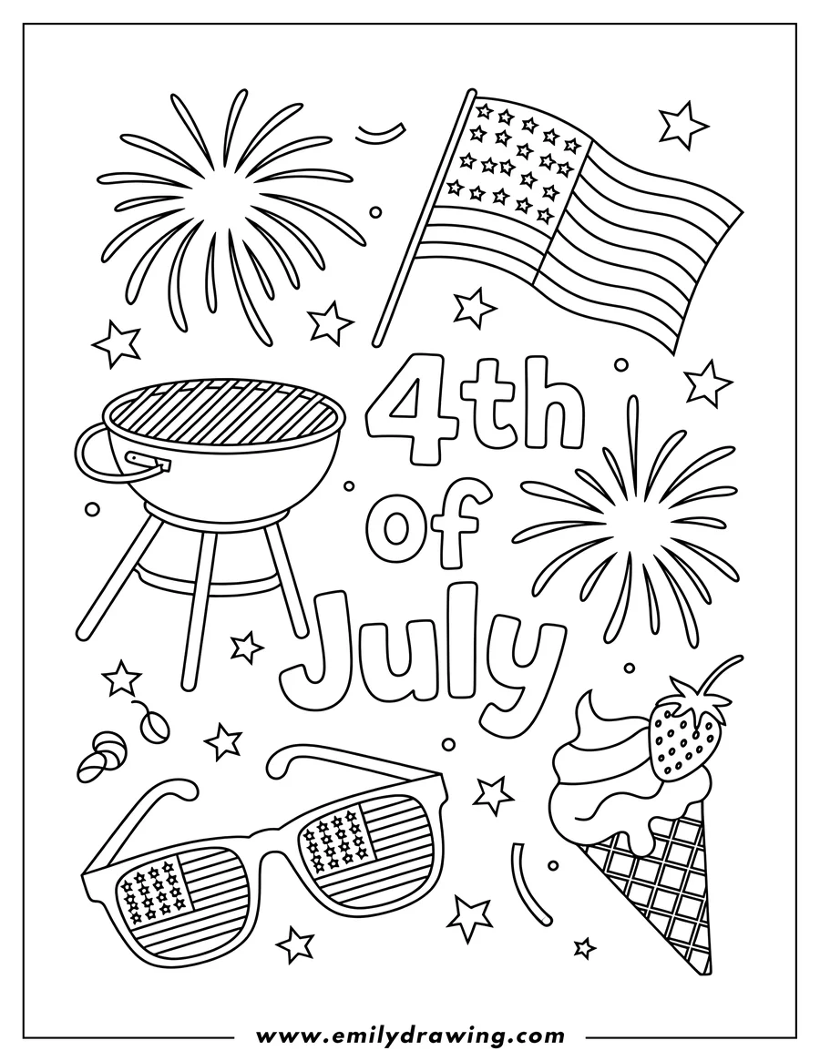 Line art illustration of various 4th of July themed items, including fireworks, an American flag, a barbecue grill, festive glasses, and an ice cream cone.