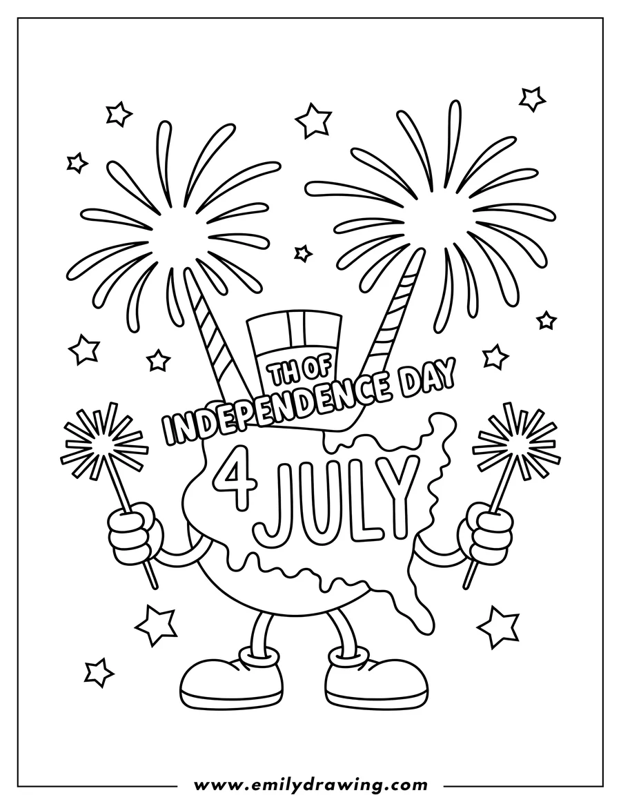Line art of a 4th of July celebration with fireworks and sparklers. The number 4 and July are prominently displayed.