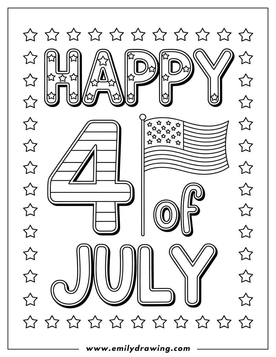 Outline of a 4th of July design featuring a large number four with stripes, the word 