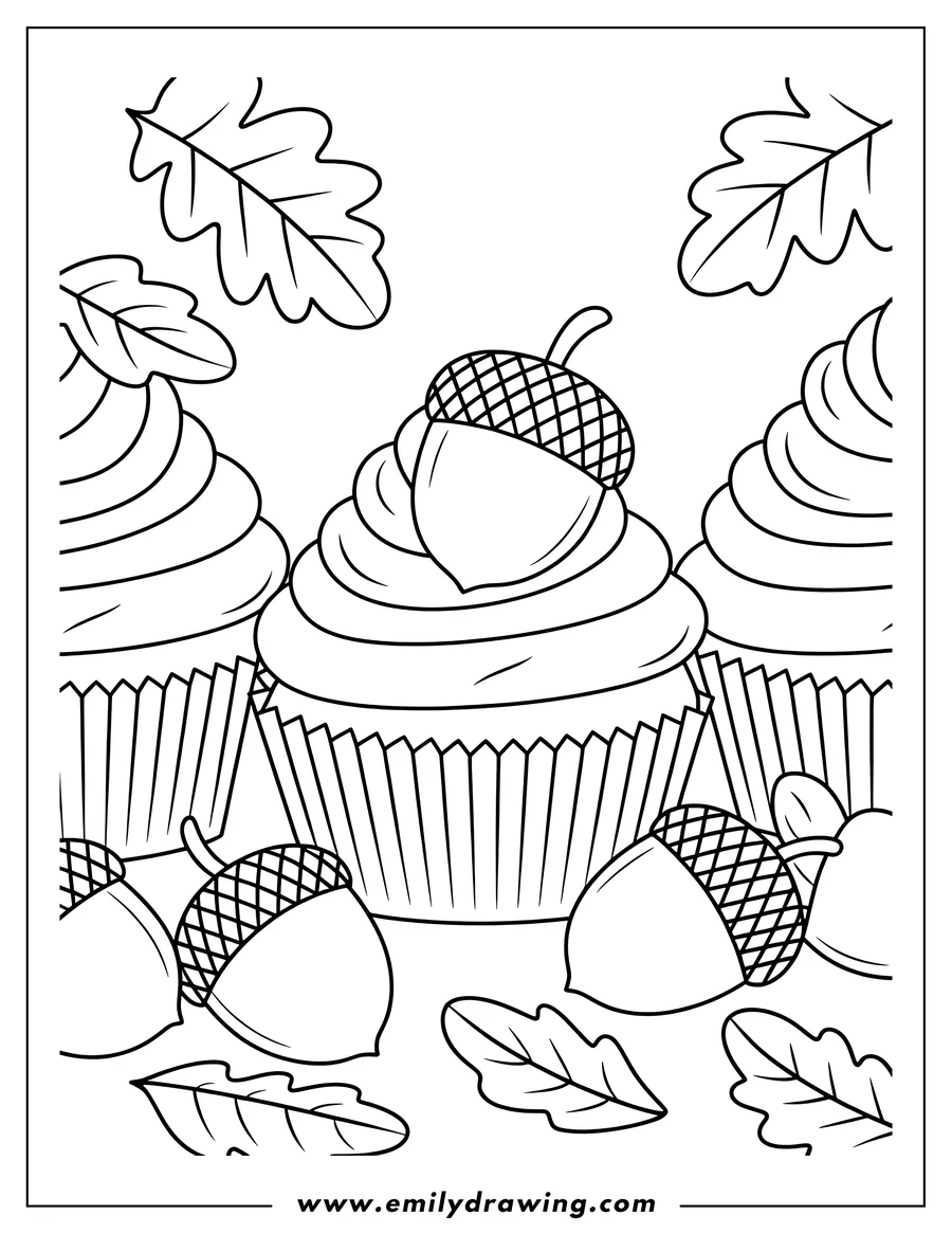 Line art of cupcakes and acorns with oak leaves.