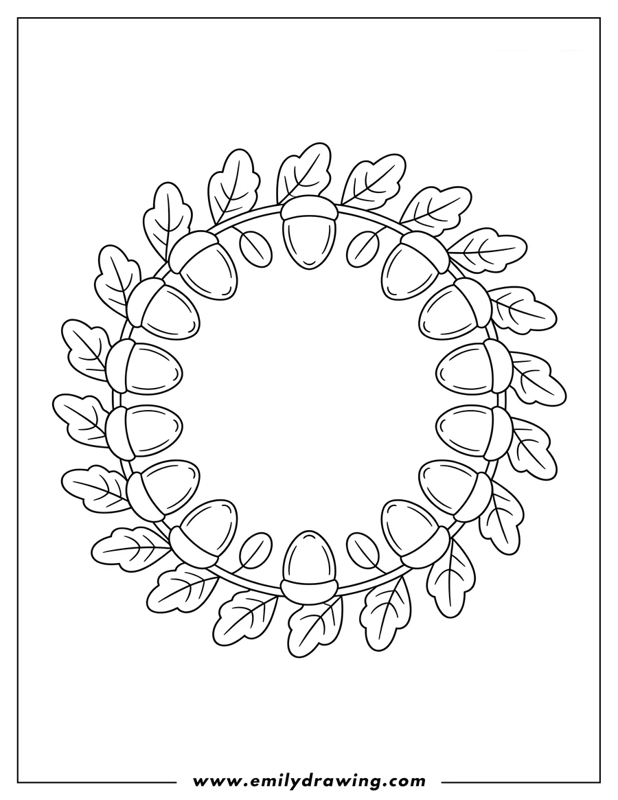 Outline of a circular wreath made of acorns and oak leaves.