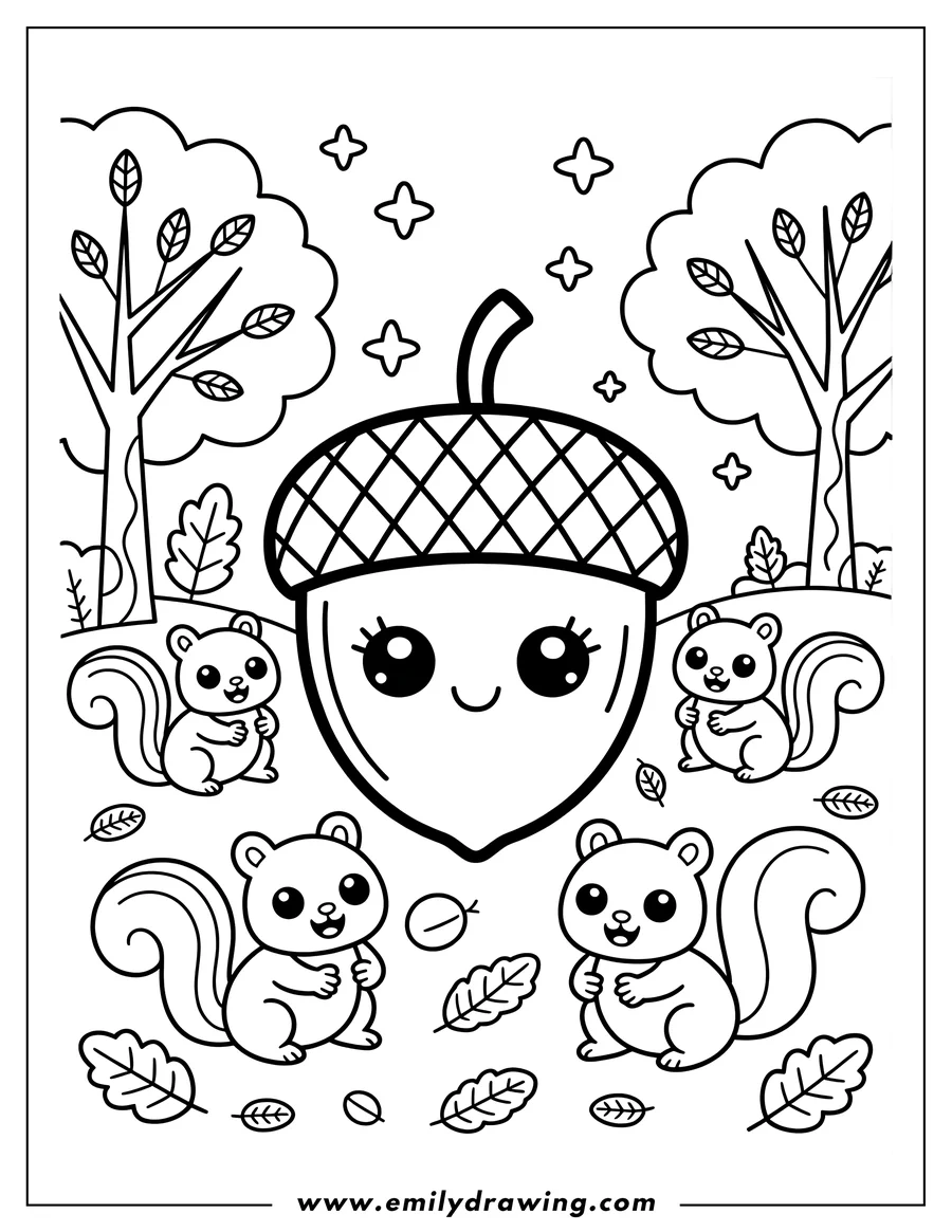 Outline of a large acorn with a cute face surrounded by four playful squirrels and autumn leaves. Two stylized trees and decorative sparkles are visible in the background.