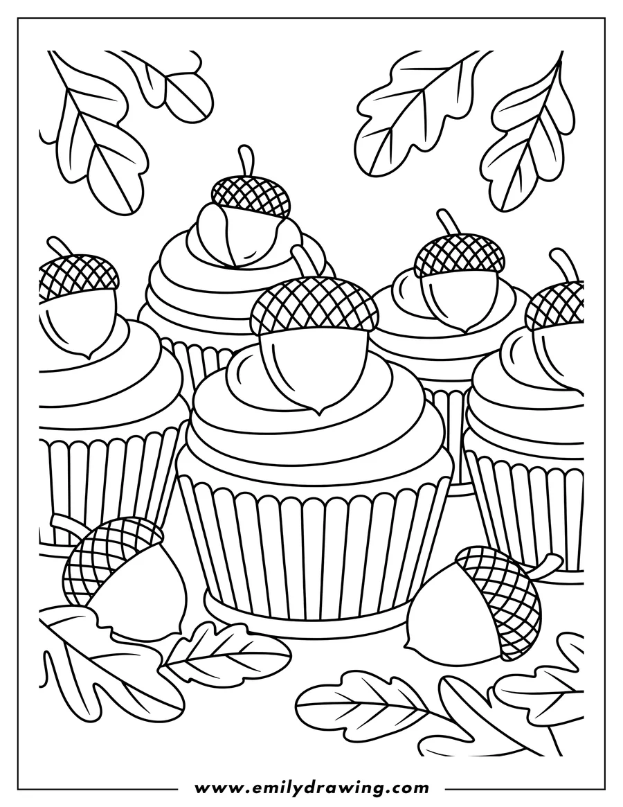 Line art of cupcakes topped with acorns and surrounded by oak leaves.