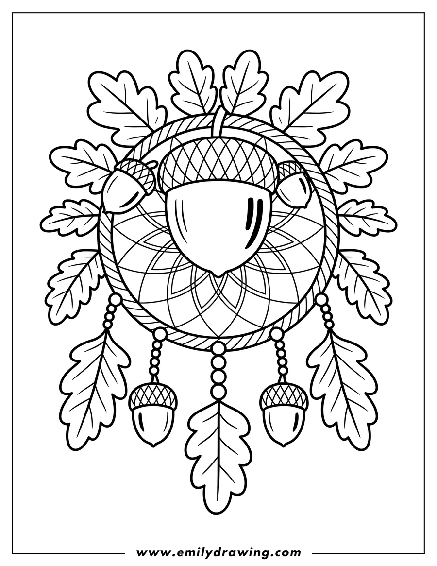 Outline of an acorn dream catcher with oak leaves.
