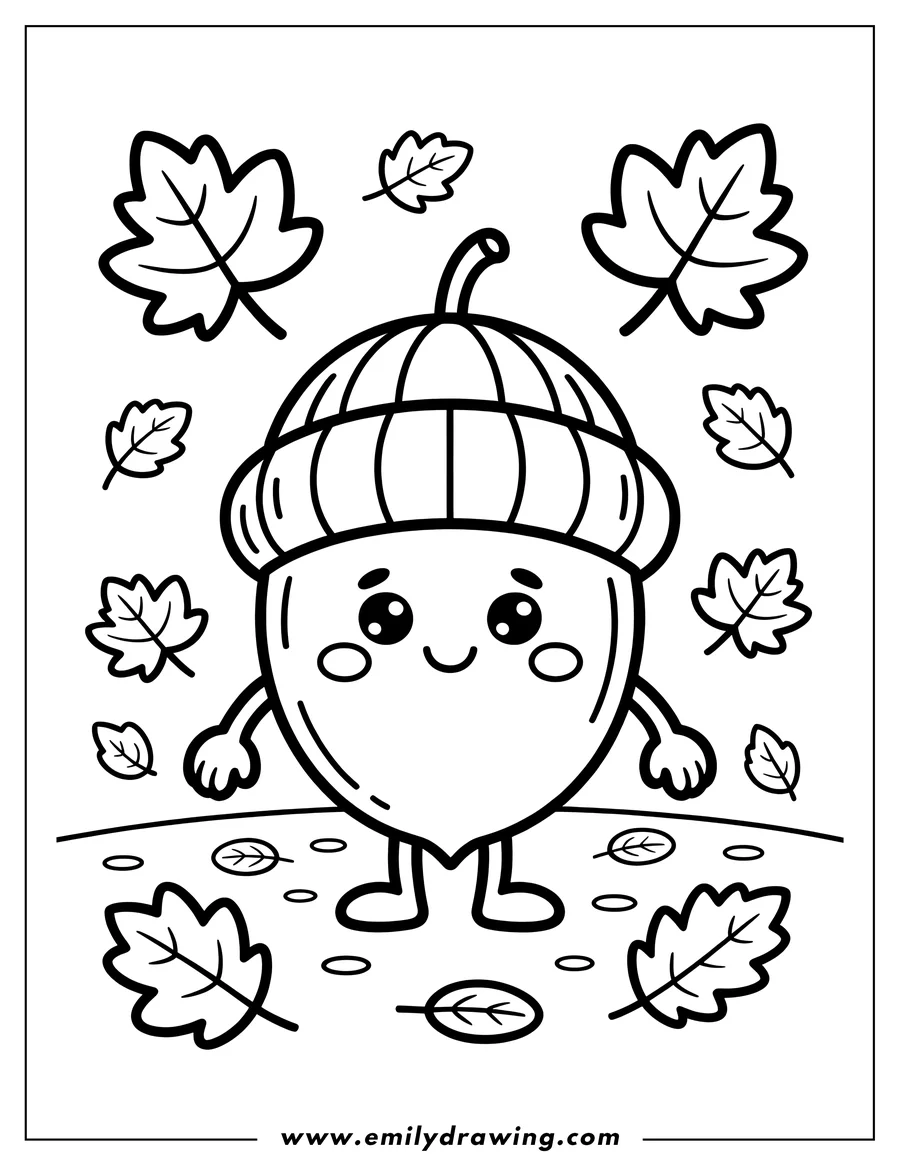 Line art of an acorn with falling leaves. It appears to be autumn.