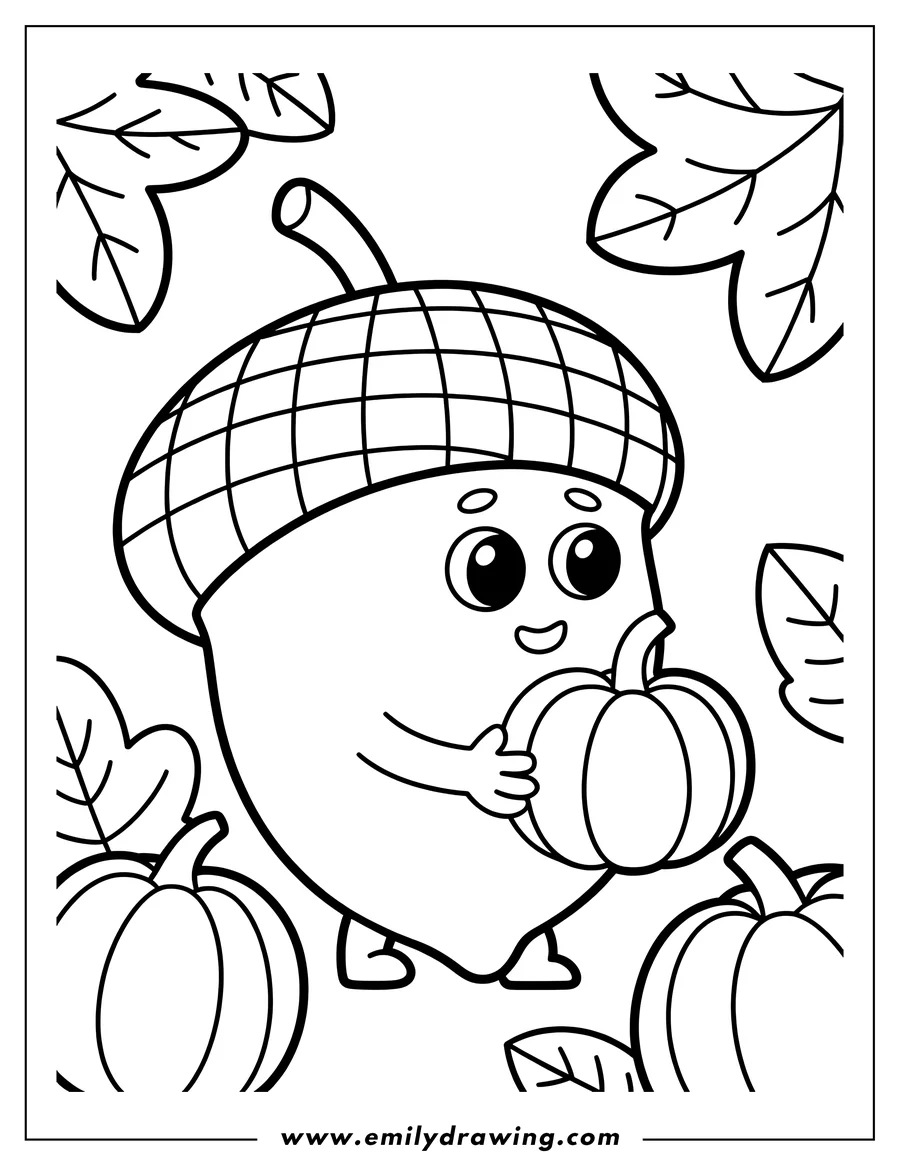Outline of a cute acorn holding a small pumpkin, surrounded by fall leaves.