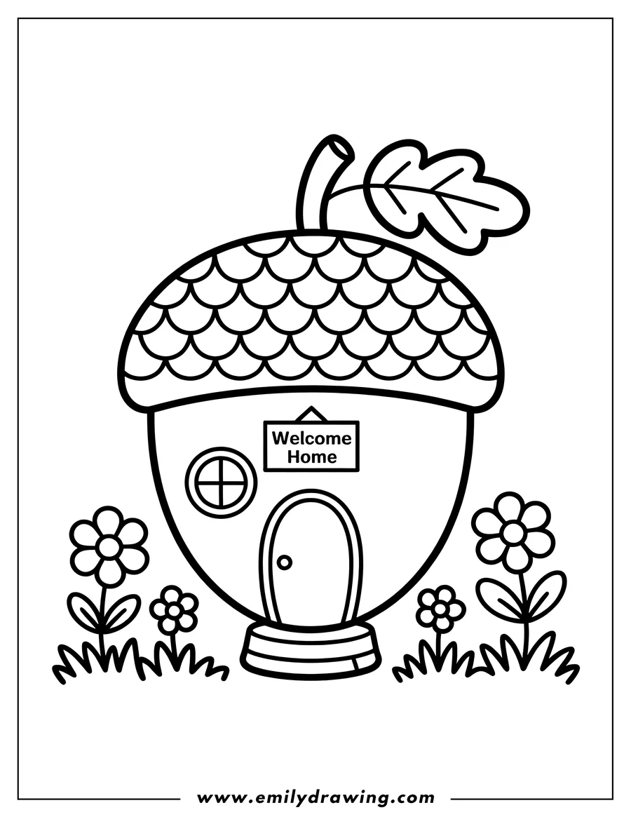 Line art of an acorn-shaped house with a welcome sign, round window, small door, and flowers growing around the base.