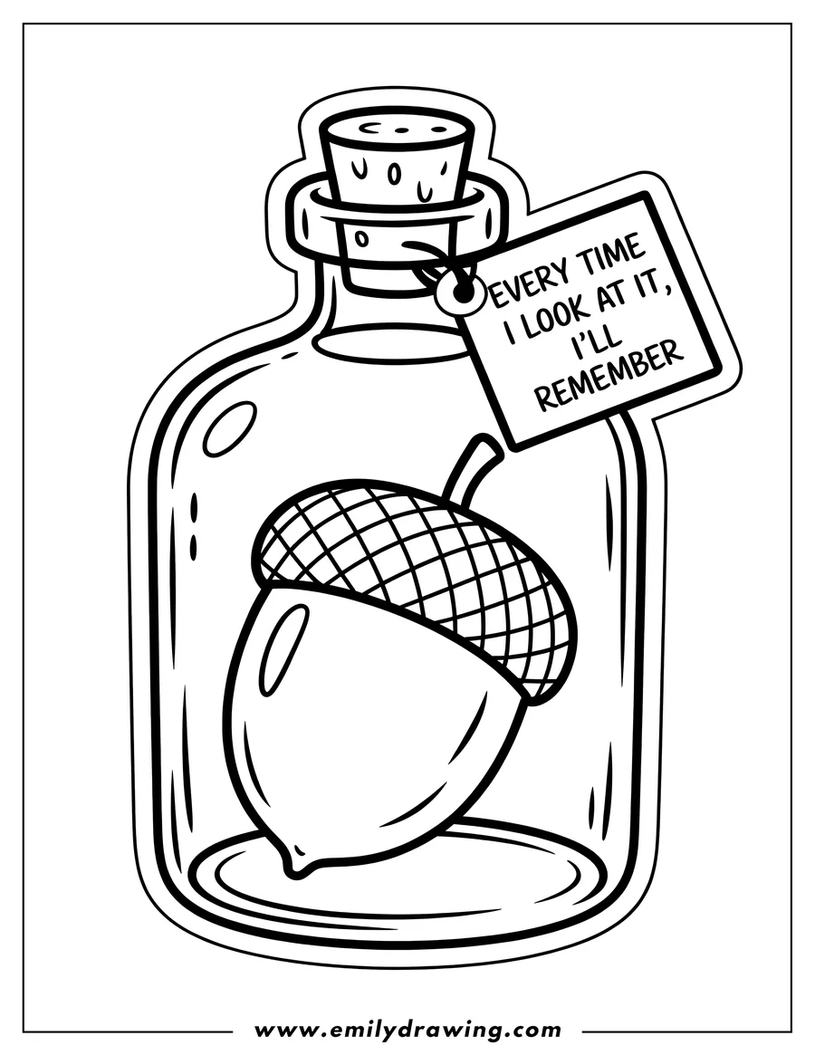 Line art of an acorn inside a glass bottle with a cork. A small tag hangs from the bottle's neck.