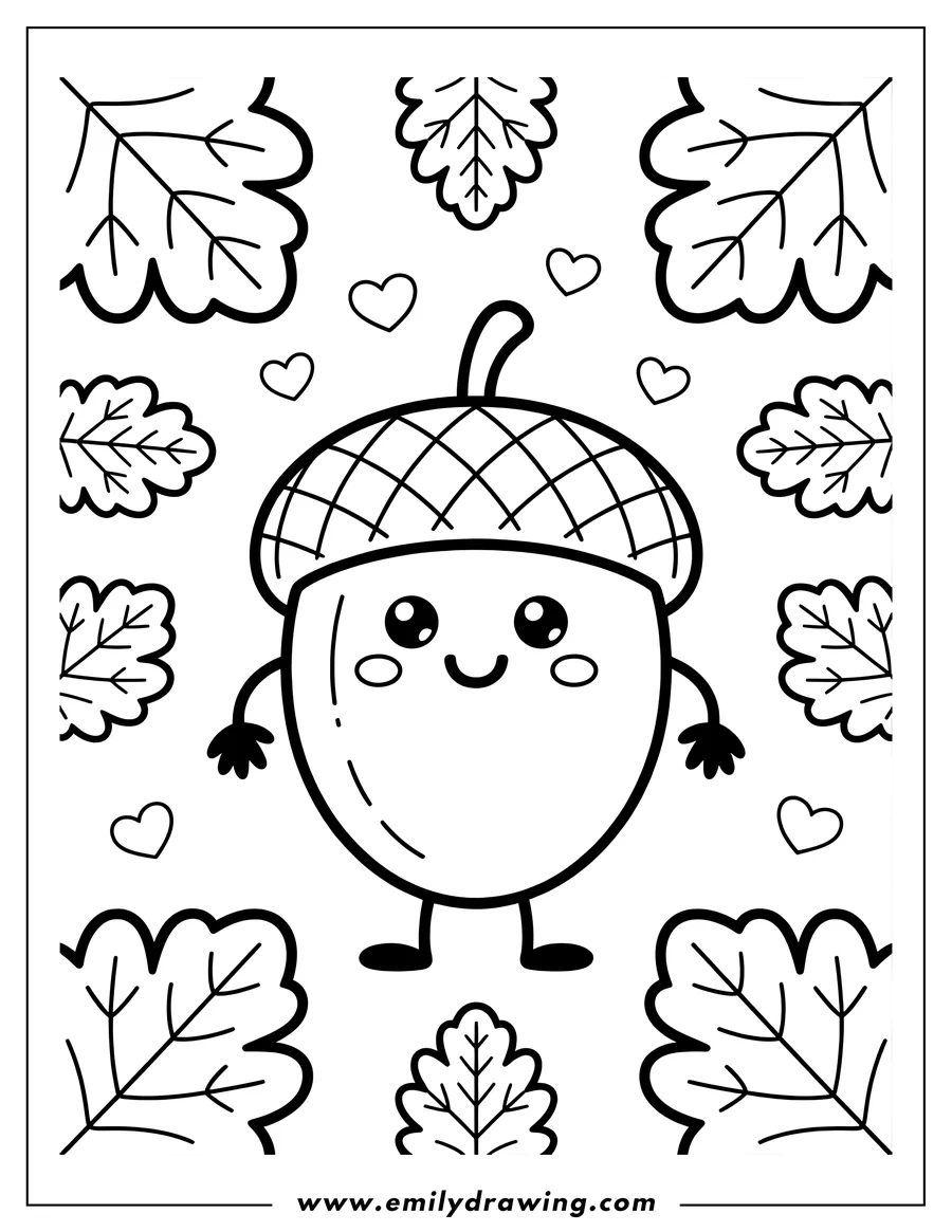 Outline of a cute acorn with a smiling face, surrounded by oak leaves and small hearts.
