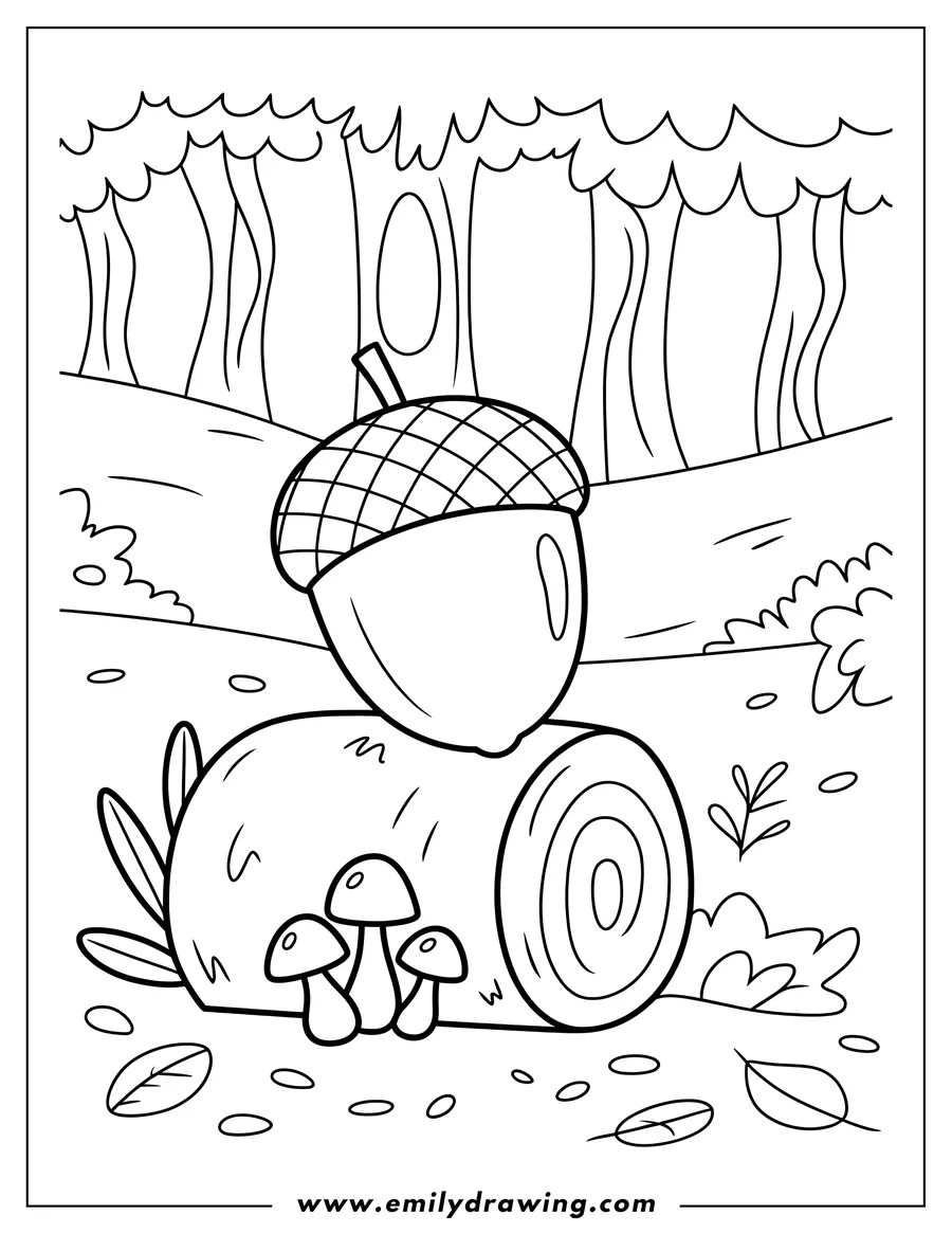 Outline of an acorn resting on a log with mushrooms growing nearby in a forest setting.