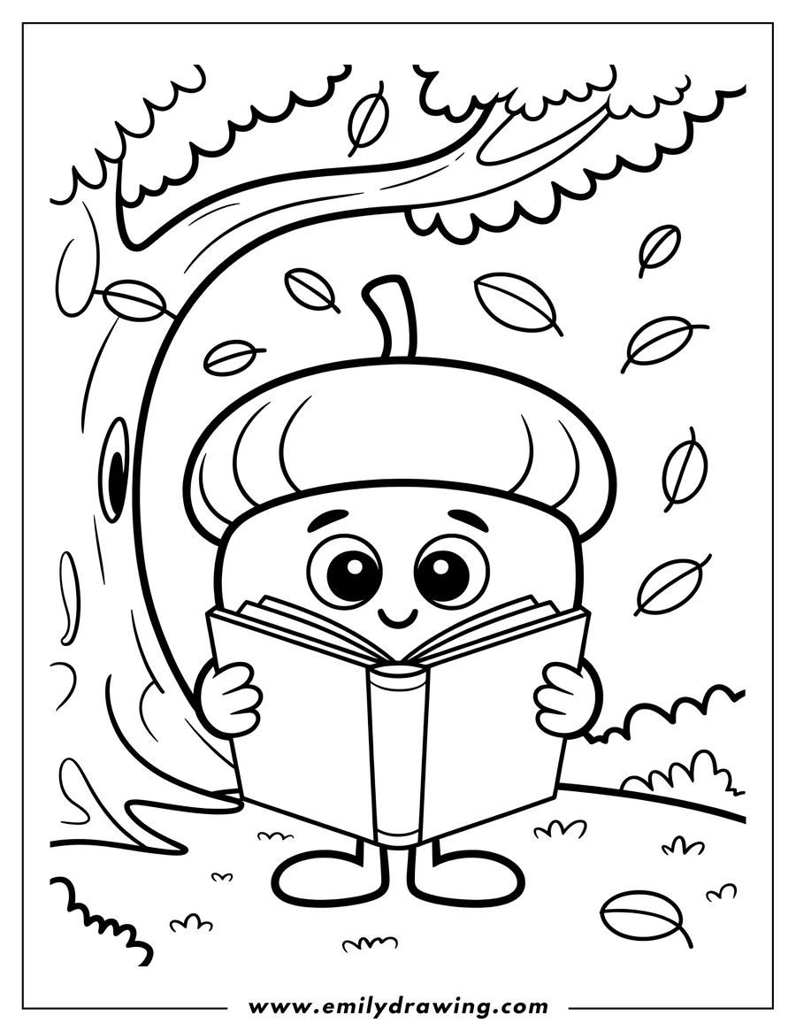 Line art of an acorn character reading a book with leaves falling around it from an oak tree.