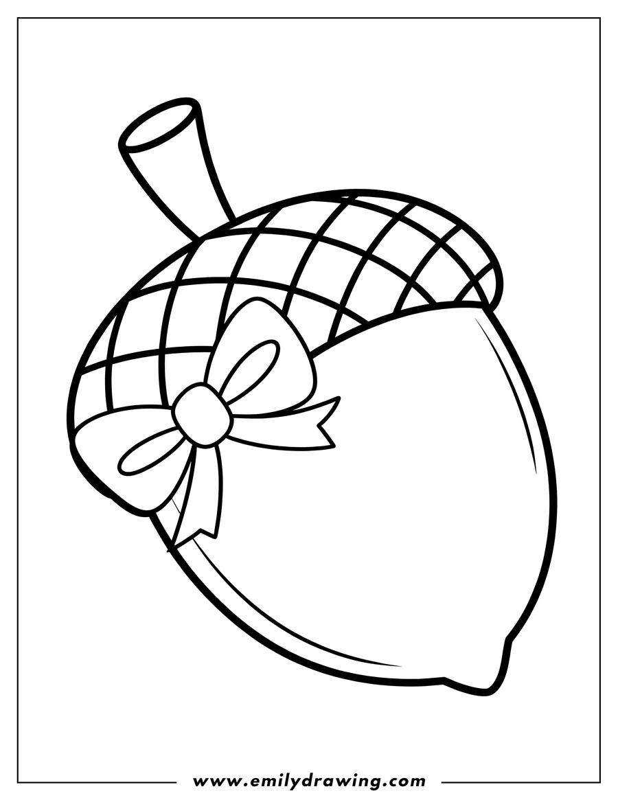 Line art of an acorn with a bow tied around its cap.