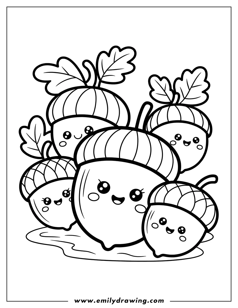 Outline of four cute, smiling acorns with oak leaves on top.