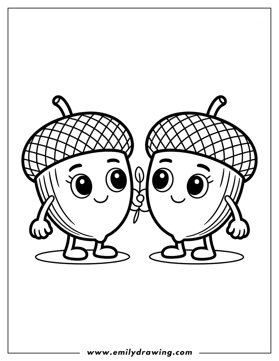 Line art of two acorns holding a twig. They have large eyes and are smiling.