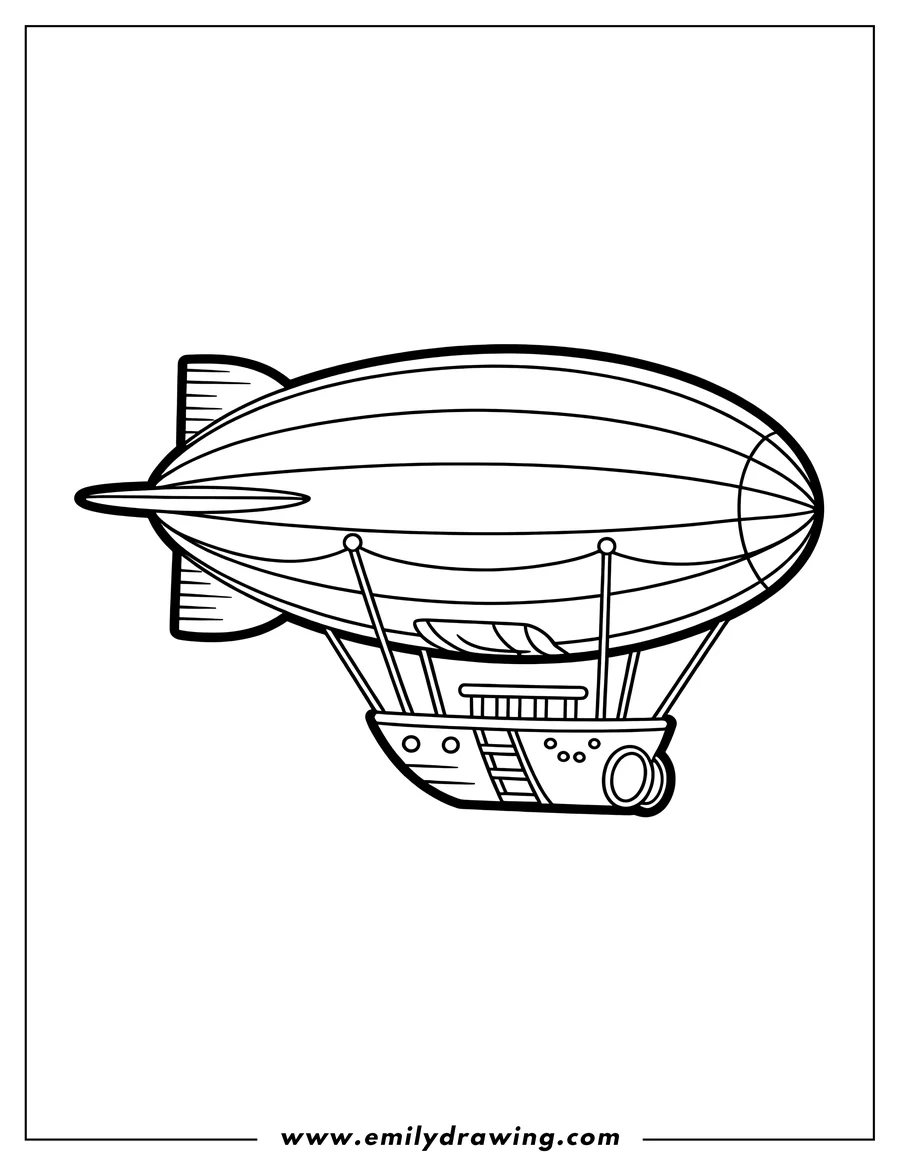 Outline of an airship floating in the sky, with a gondola hanging below.