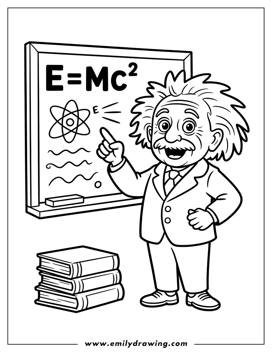 Line art of Albert Einstein standing by a chalkboard, pointing at the equation E=MC2. A stack of books sits beside him.