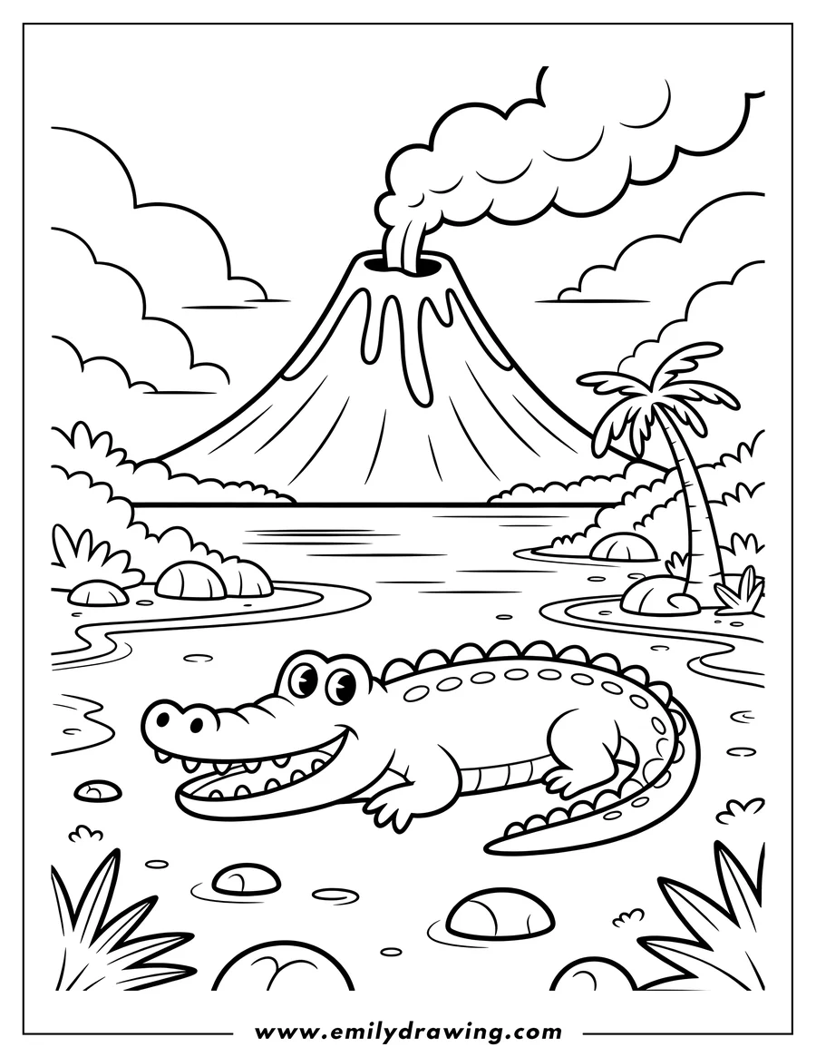 Line art of an alligator near a smoking volcano. Lush vegetation and water surround the alligator. The scene is tranquil despite the volcanic activity.