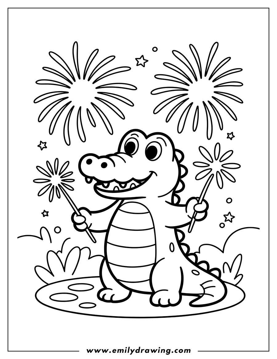 Line art of an alligator holding two sparklers with fireworks in the background.