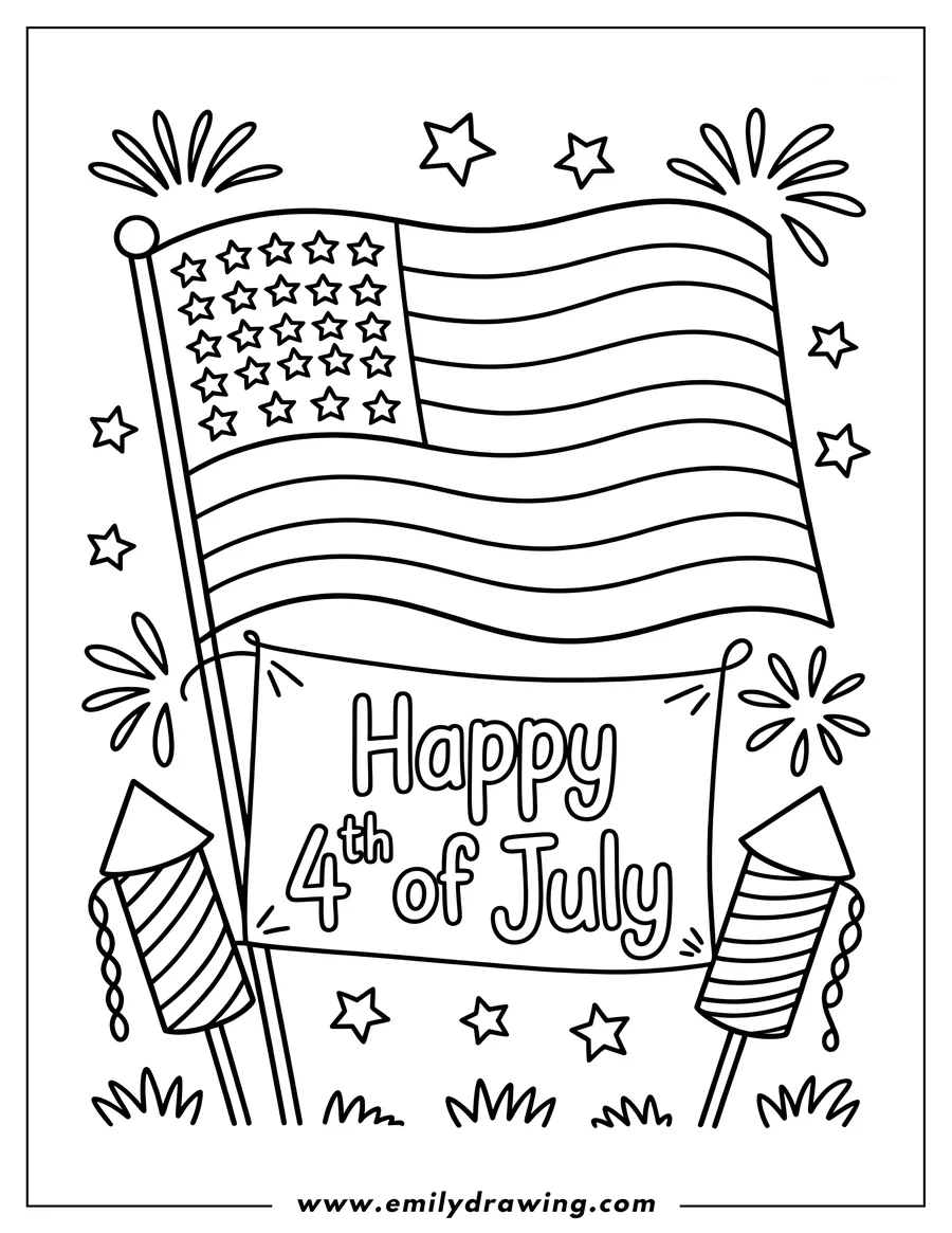 Outline of an American flag with fireworks and stars surrounding it.