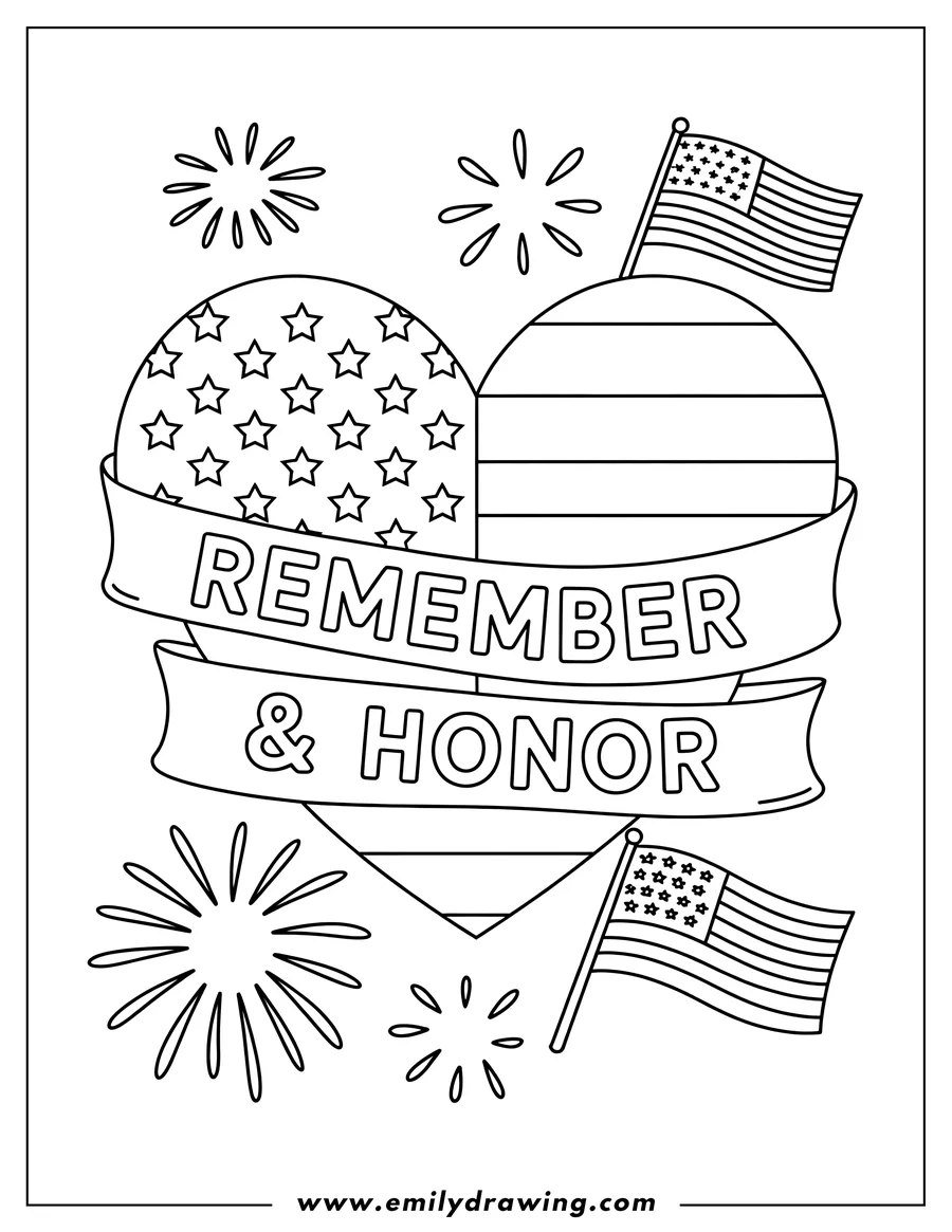 Outline of a heart shaped like the American flag with a banner that says Remember and Honor. It's surrounded by fireworks.
