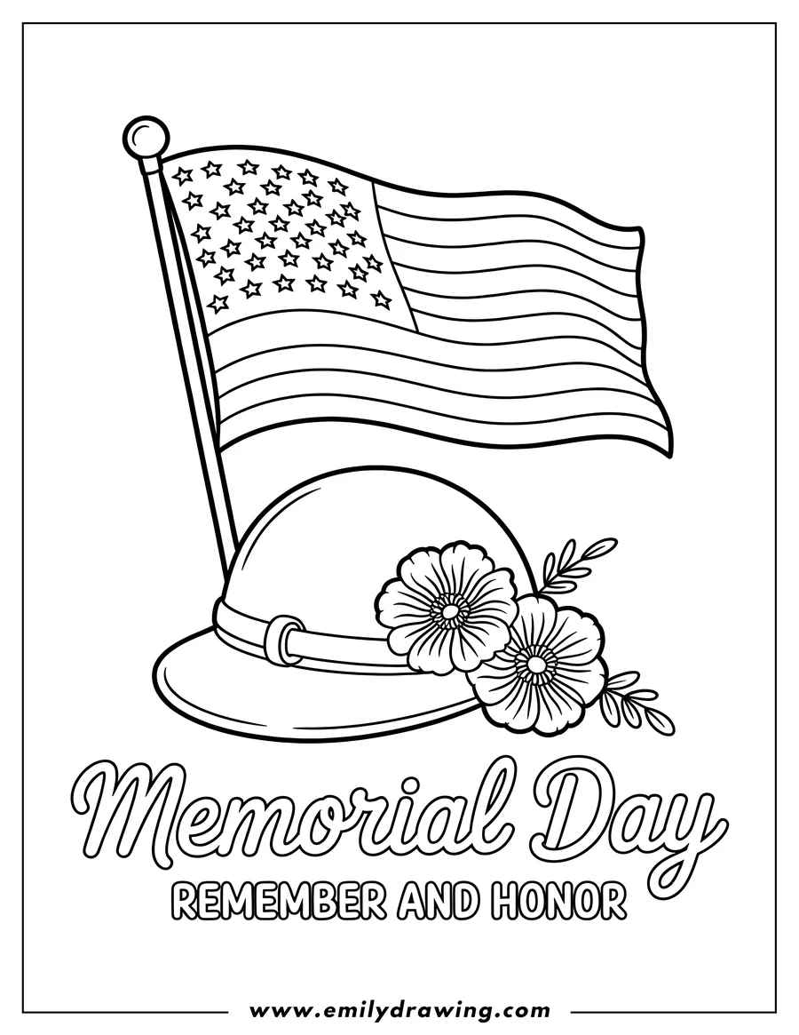 Line art of an American flag, a helmet adorned with flowers, and the words 'Memorial Day, Remember and Honor'.