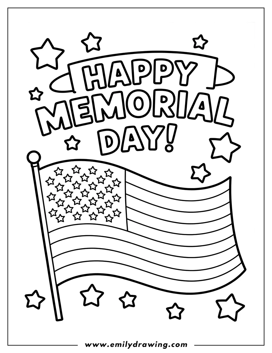 Line art of an American flag with stars and stripes for Memorial Day.