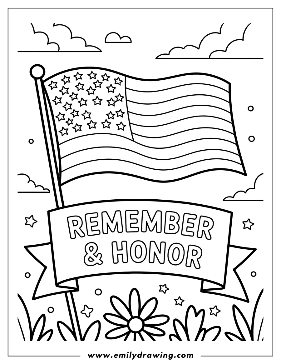 Line art of an American flag waving with a banner that reads 'Remember & Honor,' surrounded by small stars and simple flowers.