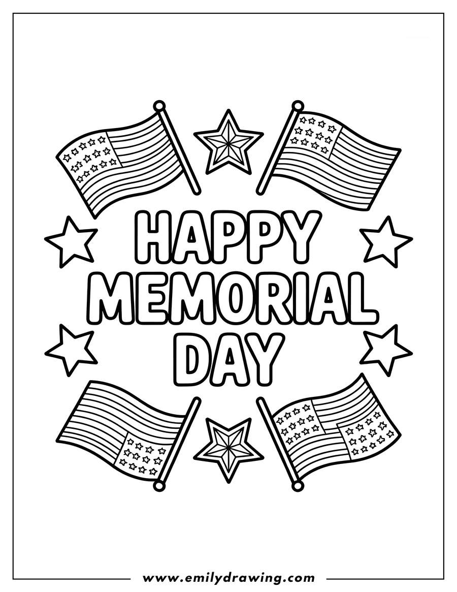 Line art of American flags and stars arranged in a circular pattern with the text 'Happy Memorial Day'.