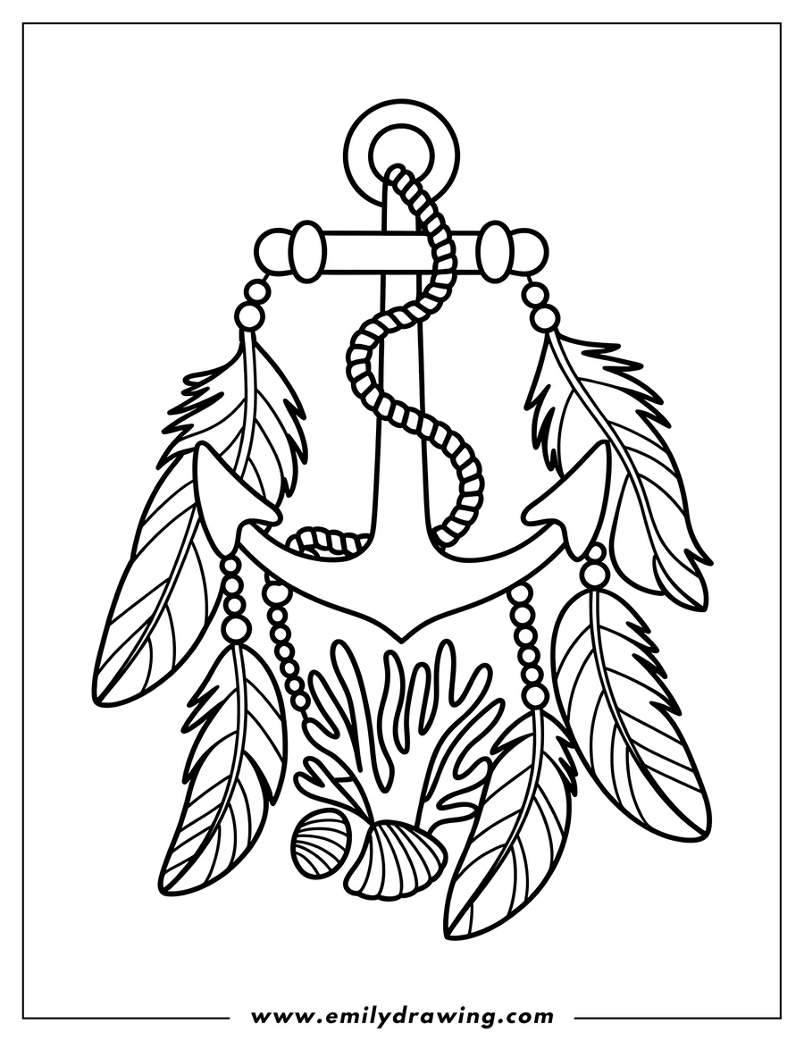 Line art of an anchor decorated with feathers, beads, seashells, and seaweed.