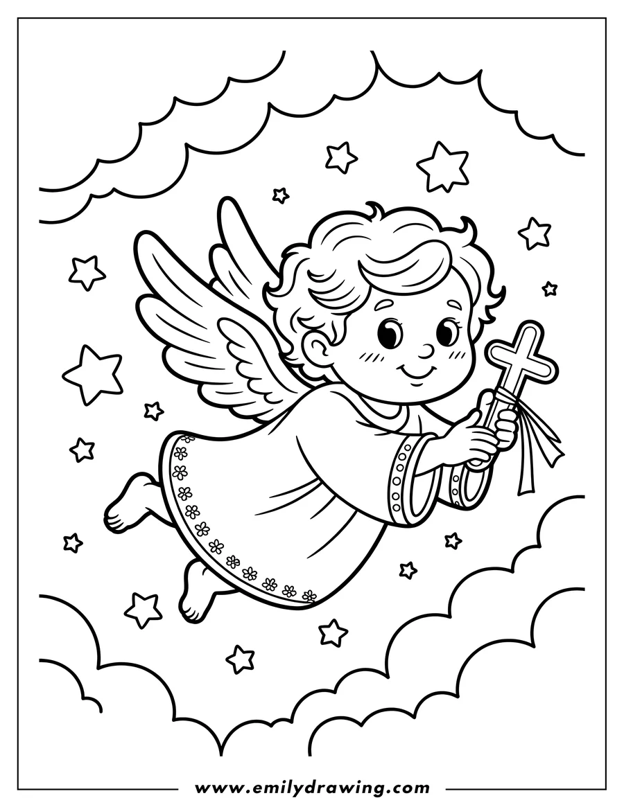 Outline of a cartoon angel flying among decorative clouds and stars, holding a ribbon-wrapped cross in its hands.