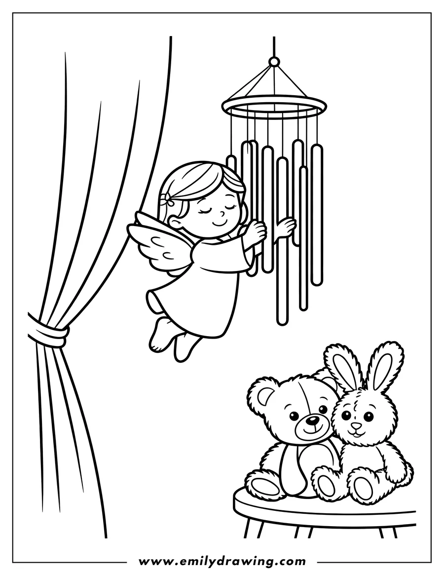 Line art of a smiling angel gently touching a wind chime. A teddy bear and a bunny sit on a small stool nearby. A curtain is visible in the background.