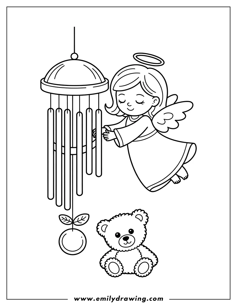 Outline of a small angel gently touching a hanging wind chime. A teddy bear sits nearby.