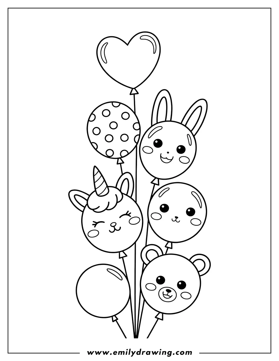 Line art of a group of balloons shaped like animal faces, including a bunny, bear, and unicorn, ready to be colored.