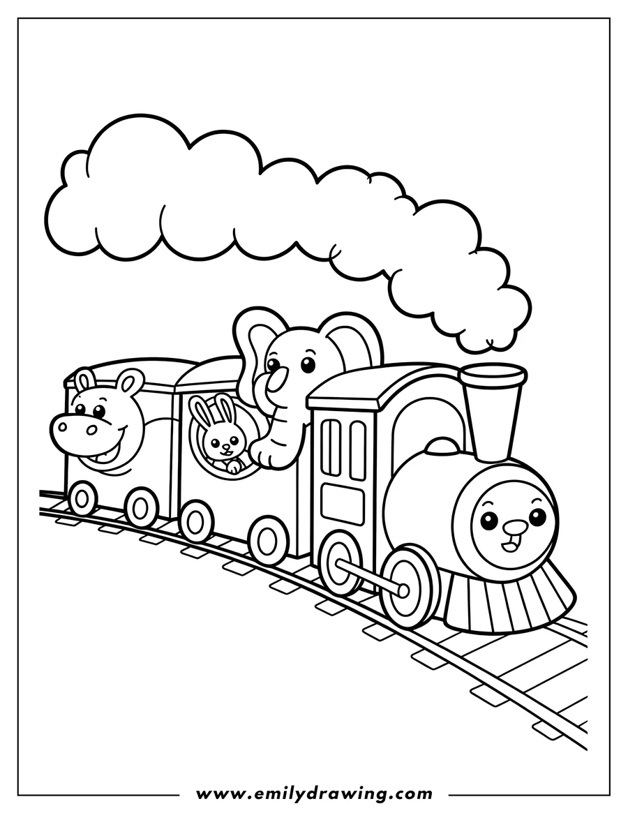 Outline of a train carrying a hippo, a bunny, and an elephant.