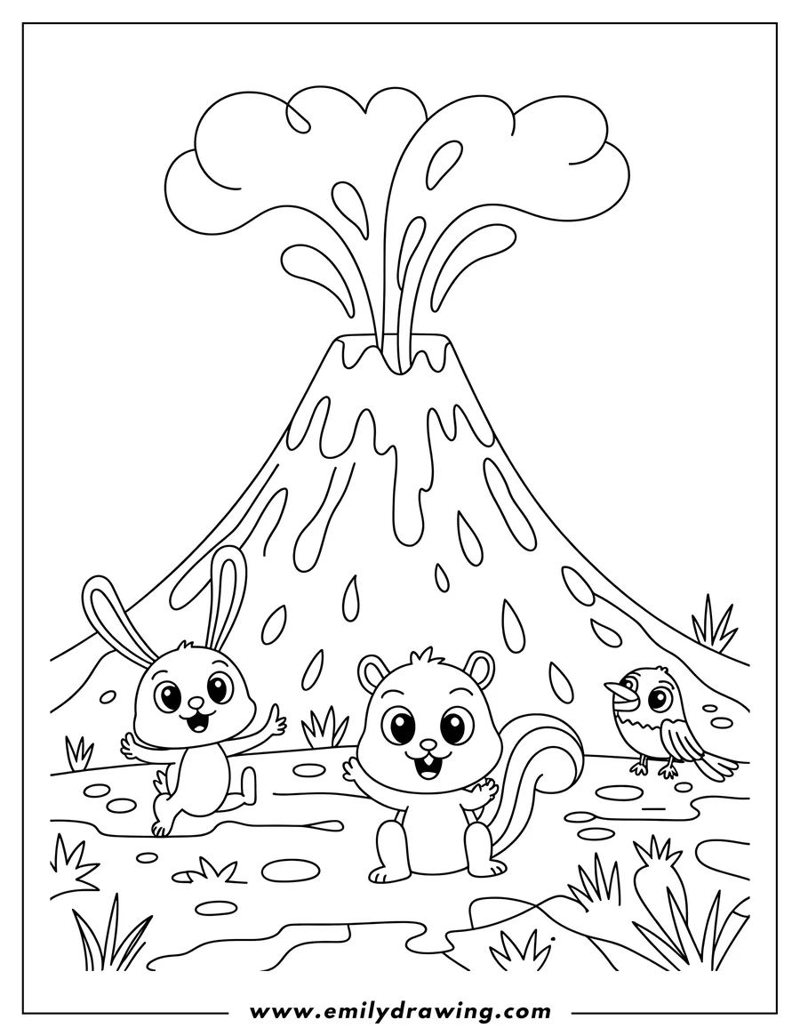 Outline of a rabbit, squirrel, and bird near an erupting volcano. Lava flows down the side, and steam rises from the top.