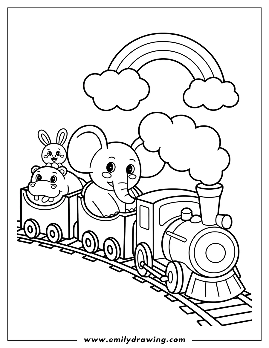 Outline of an elephant, hippopotamus, and rabbit riding in a train with a rainbow overhead.