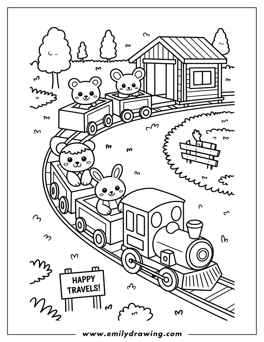 Line art of a train with animals riding in the carriages. A bear and a bunny sit in the front carriage of the train, while another bear and mouse sit at the back. The train passes a small wooden train station and the words 'Happy Travels!' are written on a signpost at the side of the tracks.