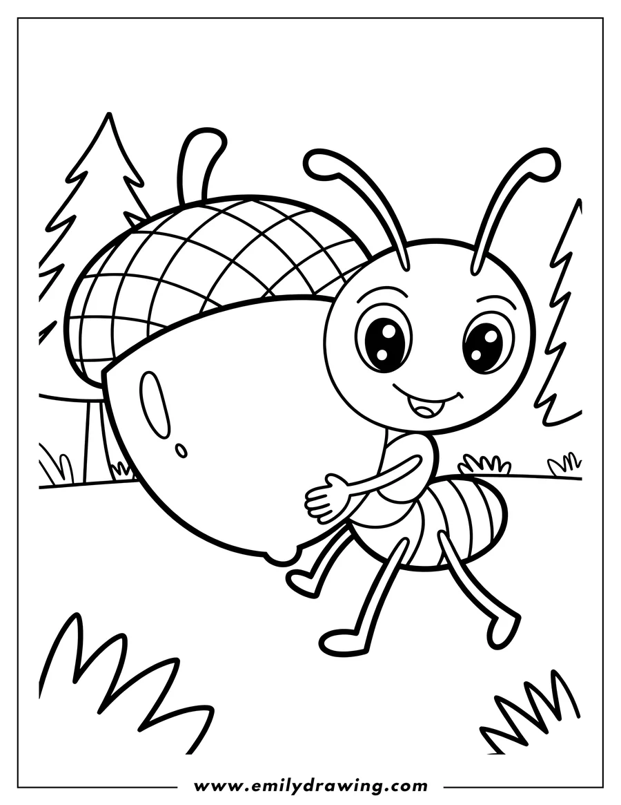 Outline of an ant carrying a large acorn in a field with trees.