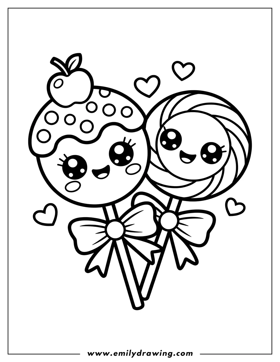 Outline of two cute lollipops. One is swirled, and the other is topped with an apple. Both have cheerful faces and bows on their sticks.